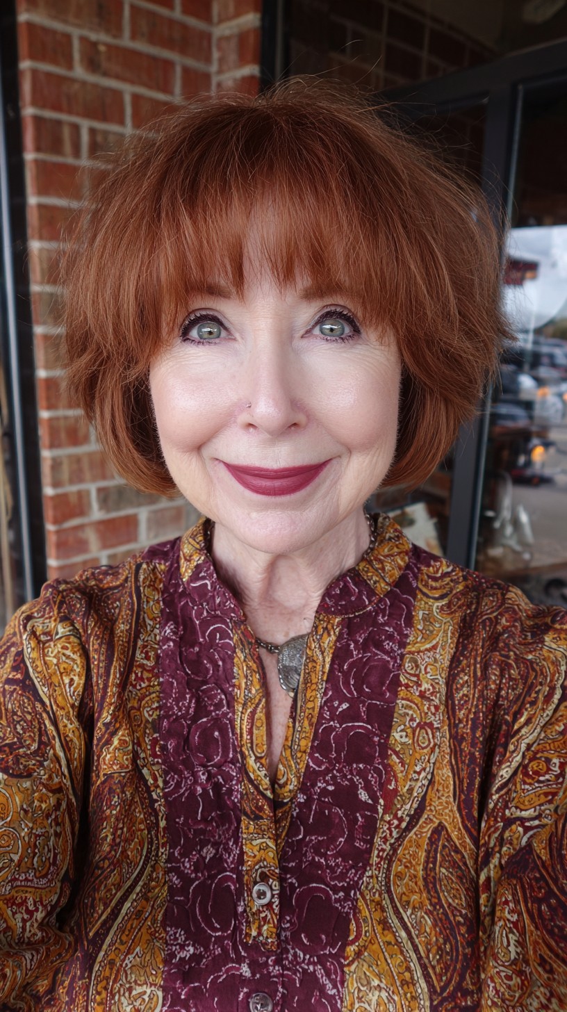 Warm Auburn Rounded Bob with Textured Micro-Bangs and Crown Lift