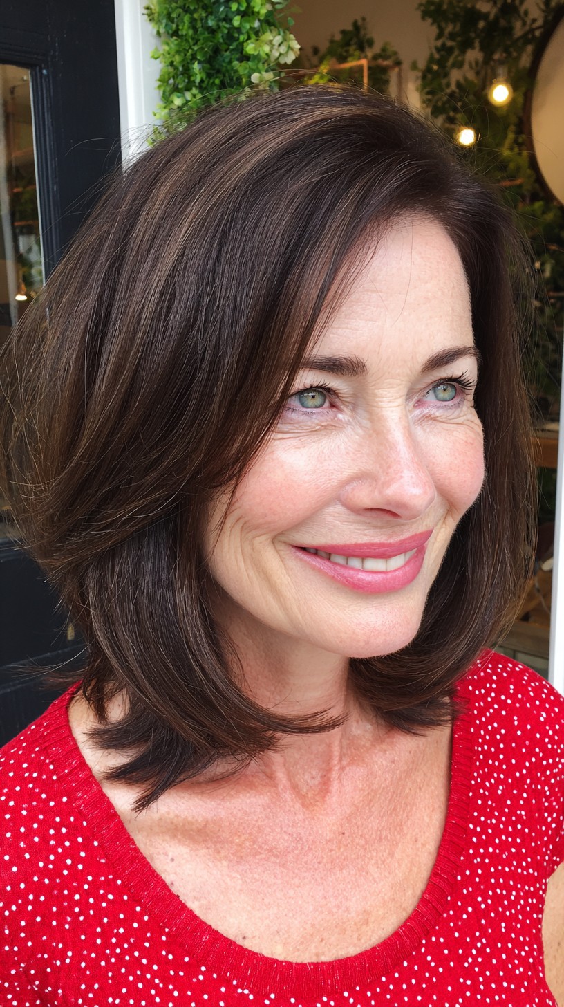 Warm Chocolate Rounded Lob with Subtle Face-Framing Layers