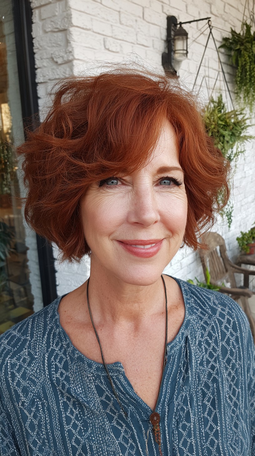 Airlifted Copper Choppy Chin-Length Bob with Soft Curtain Sweep