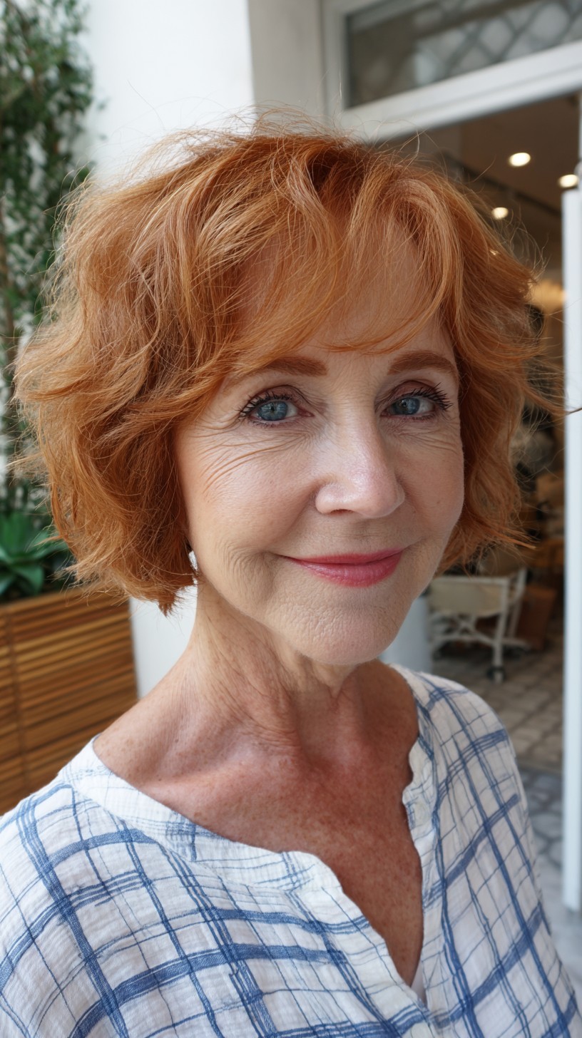 Airy Copper Textured Short Bob with Soft Micro-Fringe