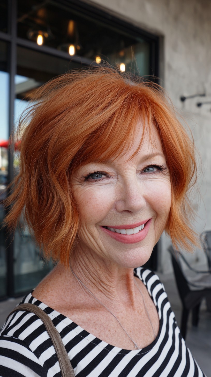 Airy Ginger Choppy Jaw-Grazing Bob with Side-Swept Micro Fringe