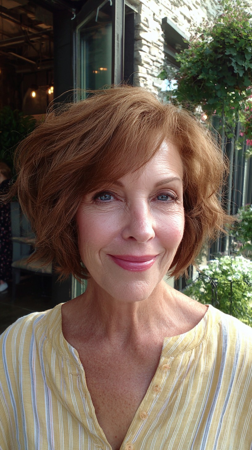 Auburn Choppy Chin-Length Bob with Natural Lift and Side-Swept Fringe