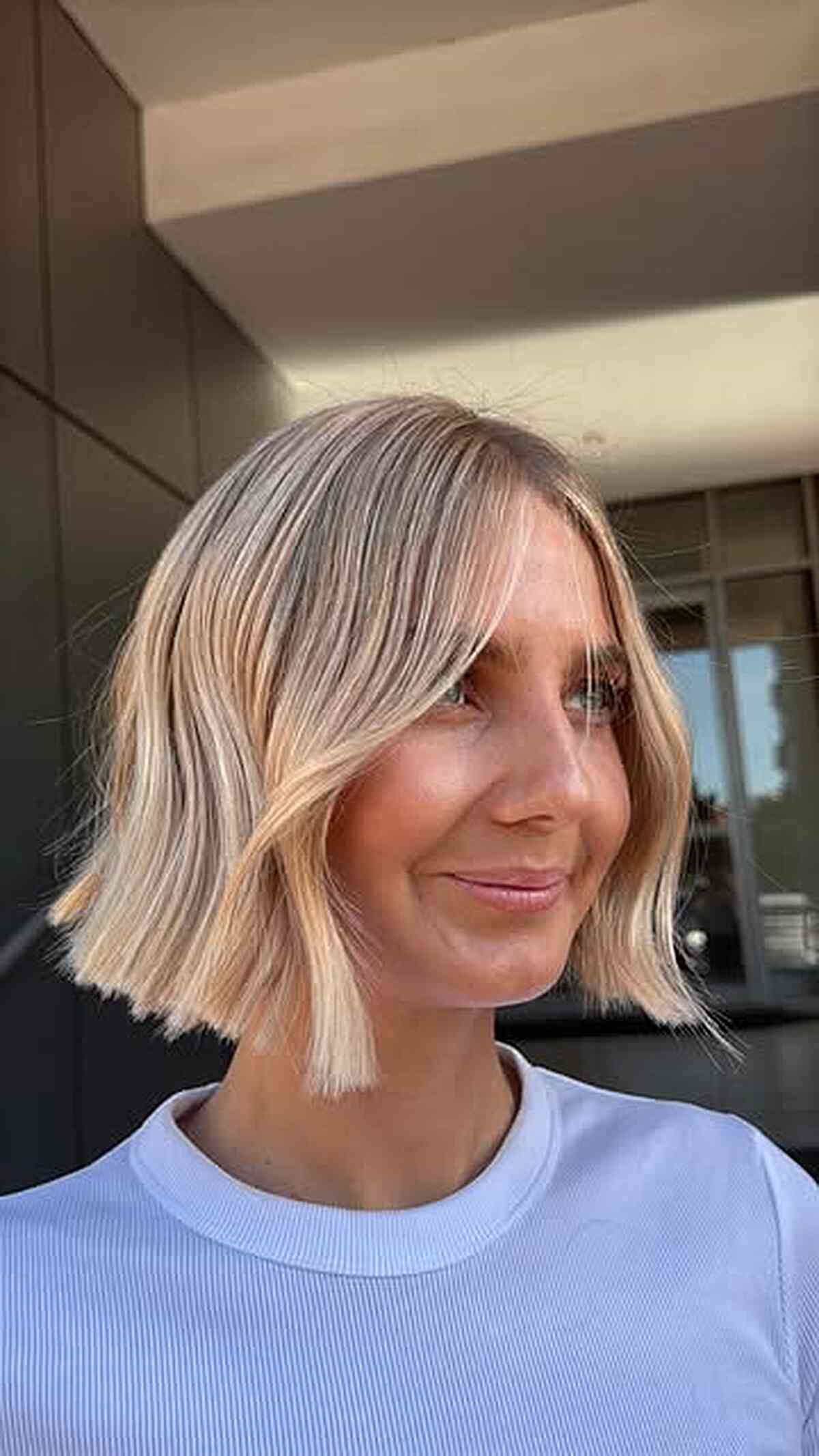 Buttery Champagne Blonde Curtain Bob