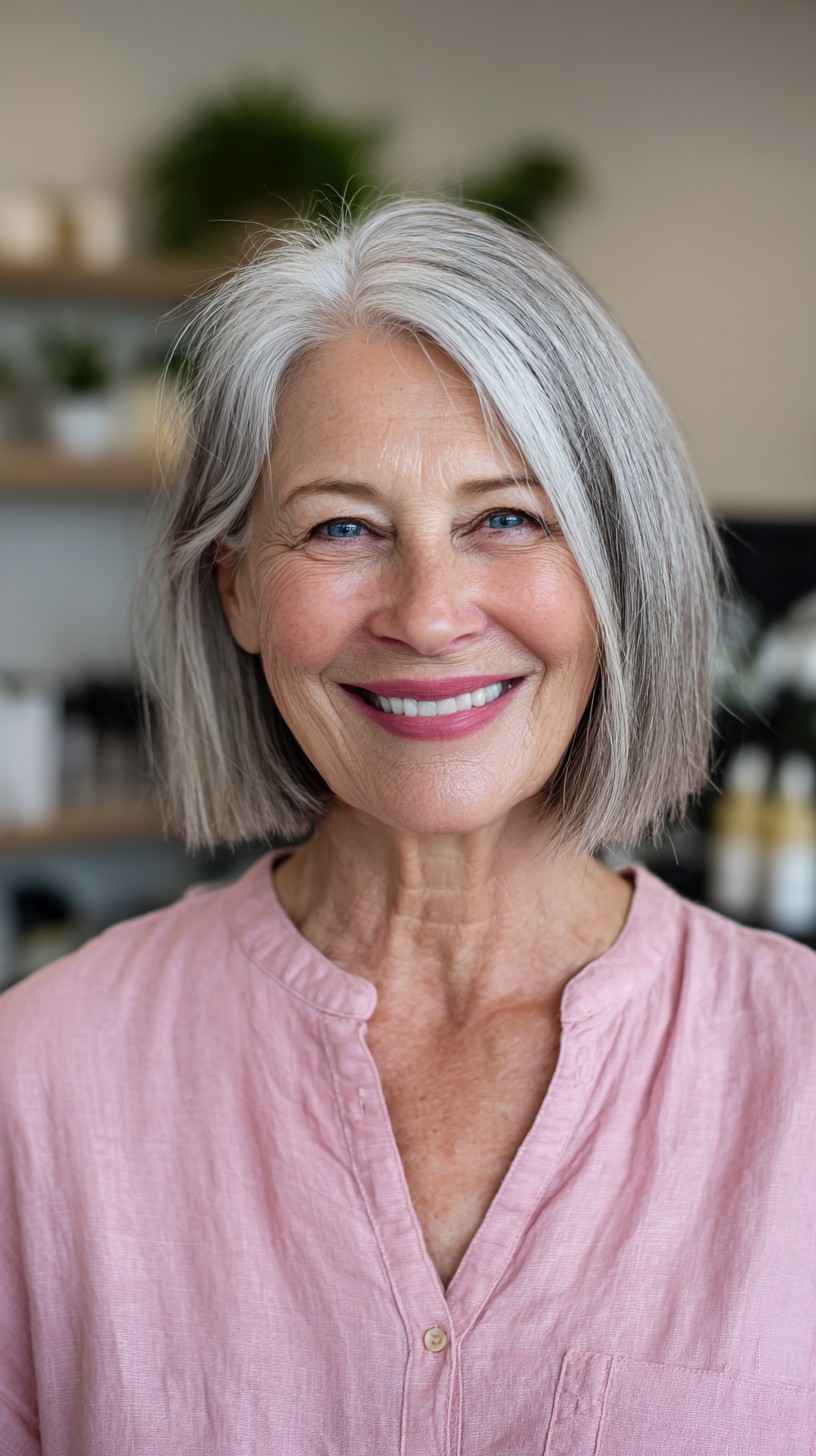 Chin-Length Blunt Bob with Natural Grey Dimension and Root Shadow