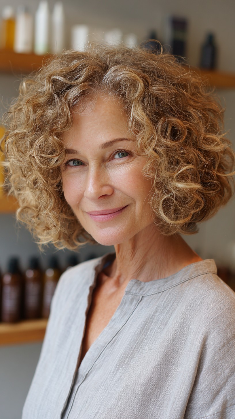 Chin-Length Curly Bob with Root Shadow and Interior Weighting
