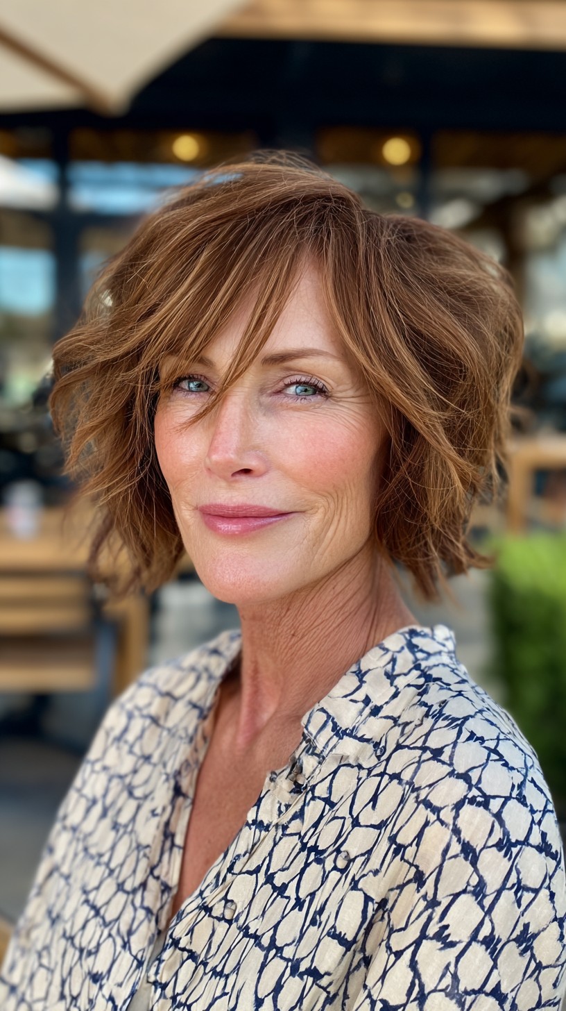 Choppy Chestnut Textured Jaw-Length Bob with Side-Swept Fringe