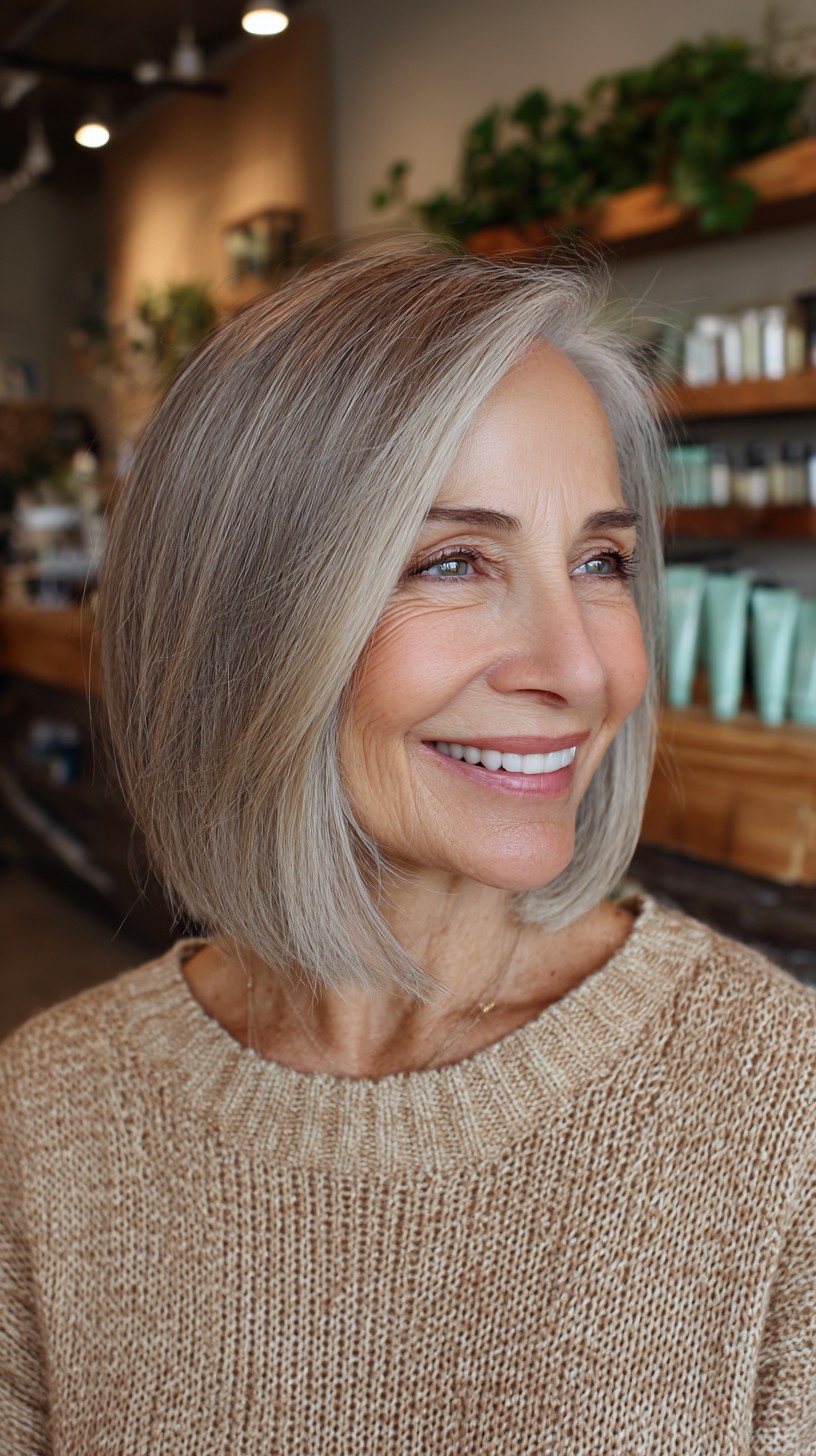 Classic Chin-Length One-Length Bob with Silver Grey Blend