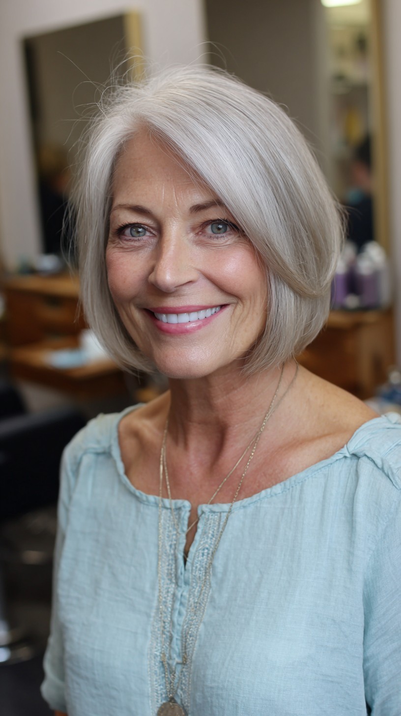 Cool Silver Chin-Length One-Length Bob with Internal Bevel and Face-Sweep