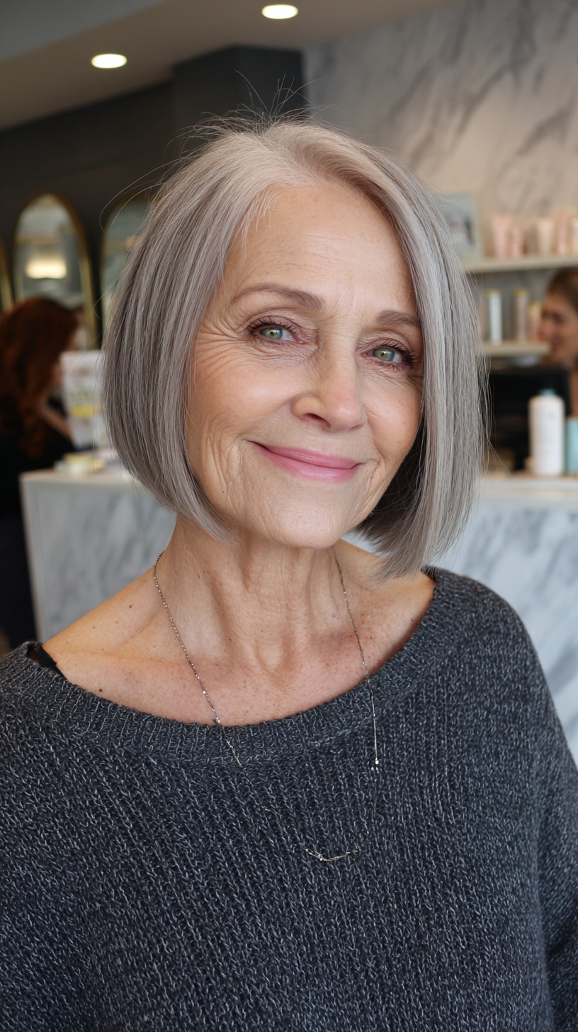 Cool Silver Jaw-Length Sleek Square Bob with Tucked-Under Perimeter