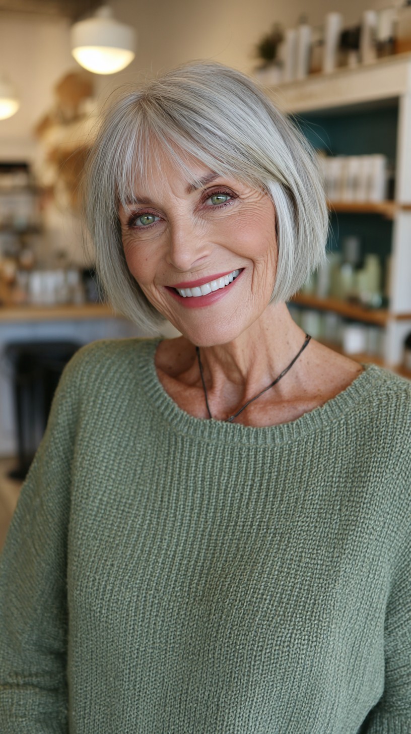 Crisp Jaw-Length Square Bob with Sheer Curtain Fringe