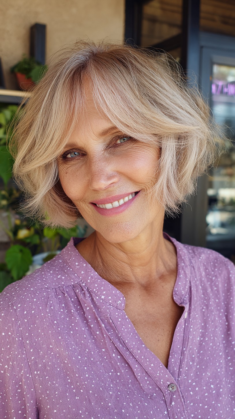 Feathered Ash-Blonde Choppy Chin-Length Bob with Soft Curtain Fringe