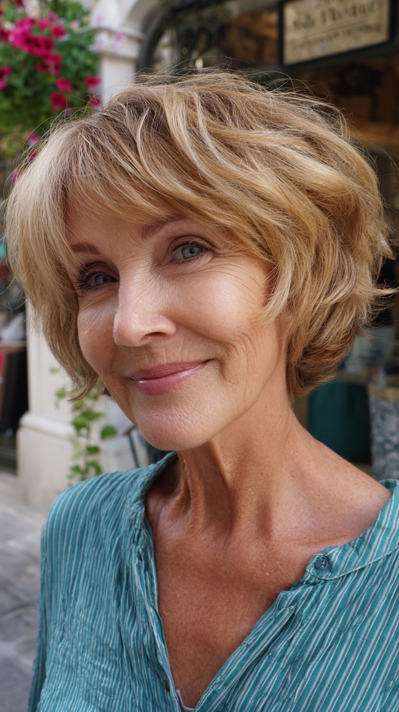 Feathered Bronde Textured Chin-Length Bob with Airy Fringe