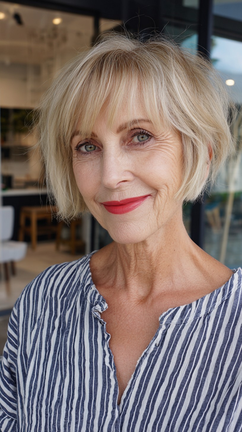 Feathered Champagne Blonde Choppy Chin-Length Bob