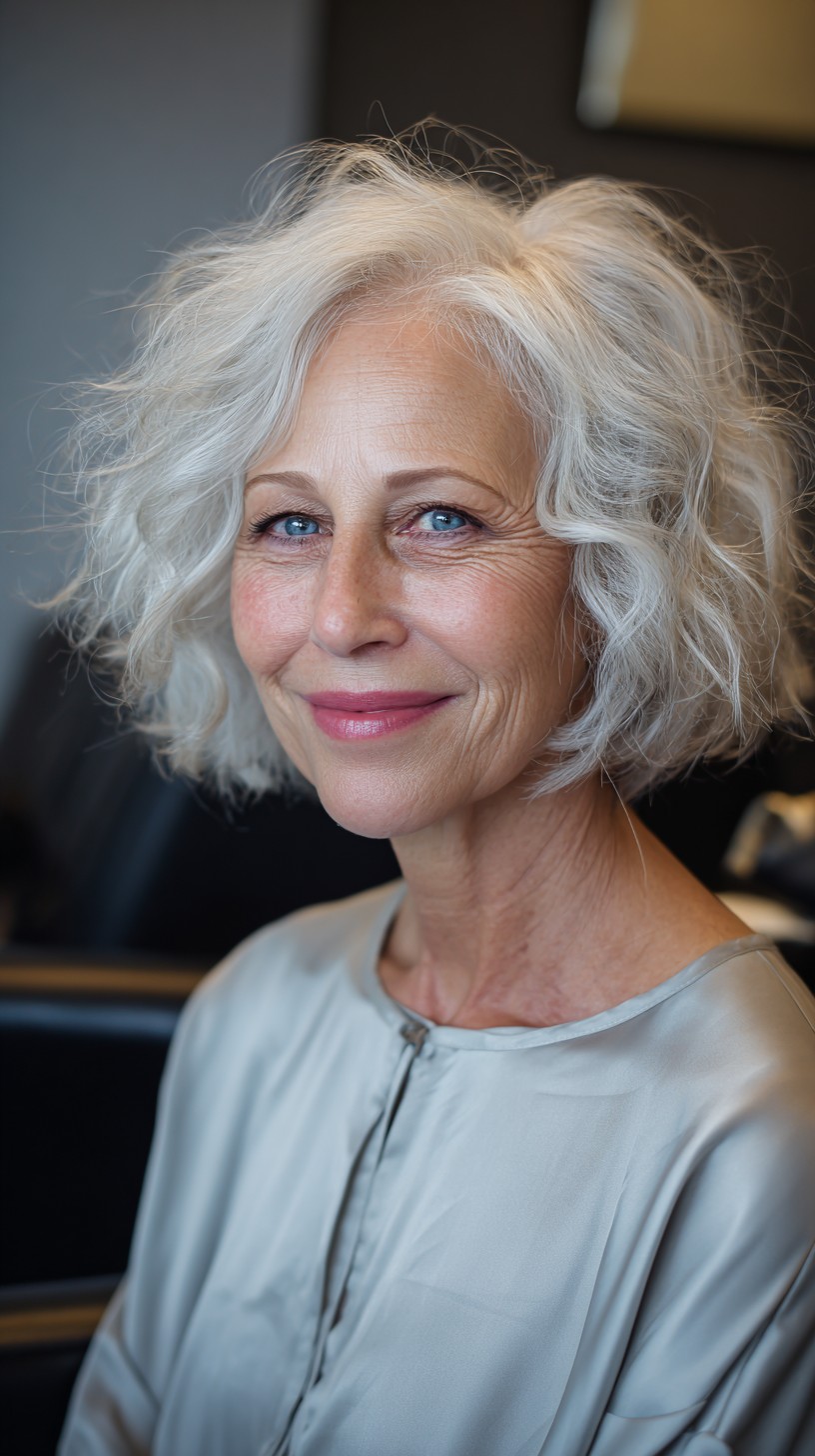 Feathered Chin-Length Silver Wave Bob