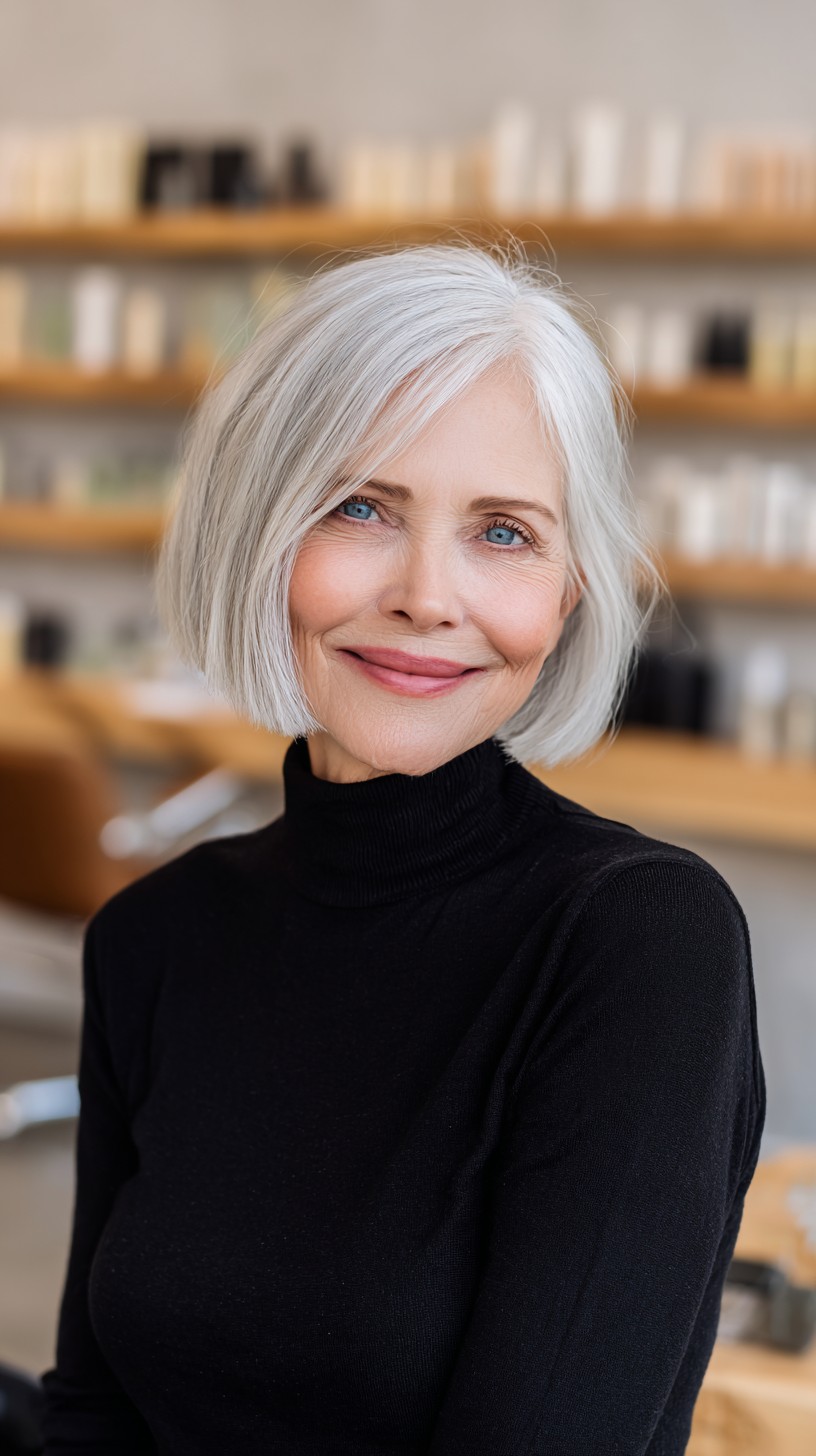 Gentle Angled Jaw-Length Square Bob with Diagonal Side Sweep
