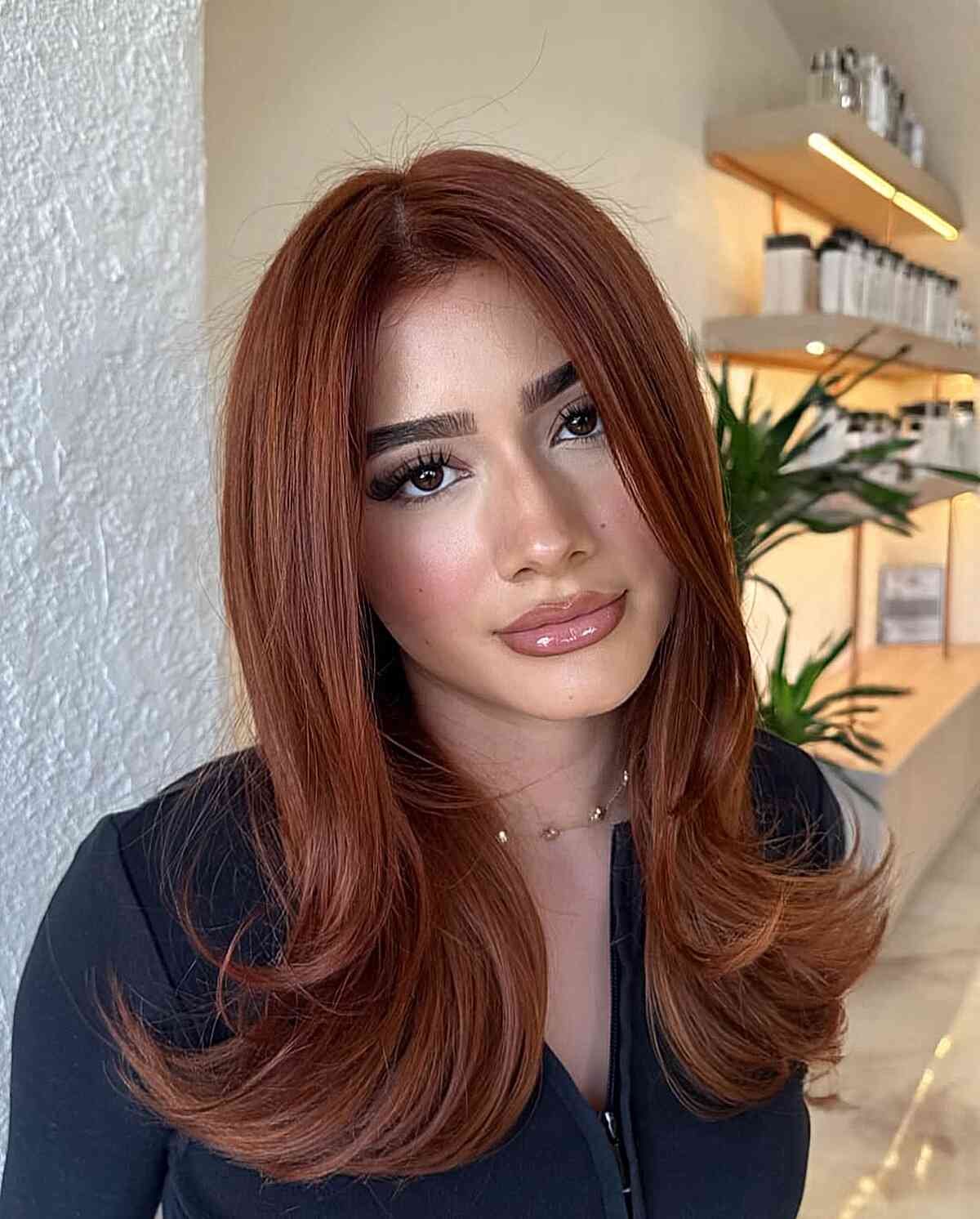 Glossy Copper Layered Cut with Soft Face Framing