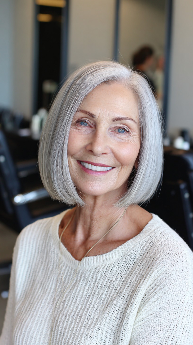 Mid-Jaw Sleek Silver Bob with Soft Interior Graduation