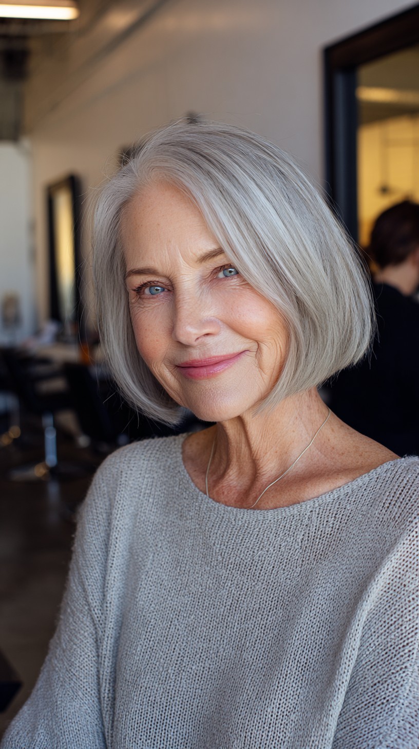 Modern Jaw-Grazing Silver Bob with Deep Left Side Part
