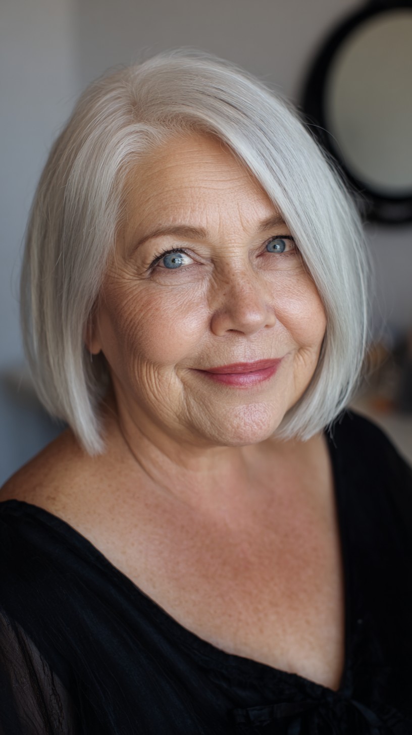 Pearl Silver Angled Chin-Length Bob with Deep Side Part