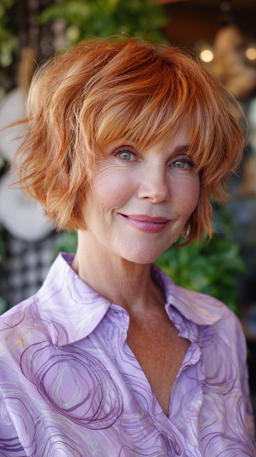 Piecey Copper Choppy Jaw-Length Bob with Soft Fringe