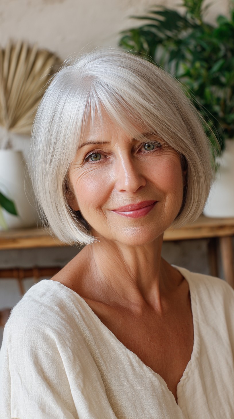 Polished Jaw-Length Square Bob with Soft Side-Swept Fringe