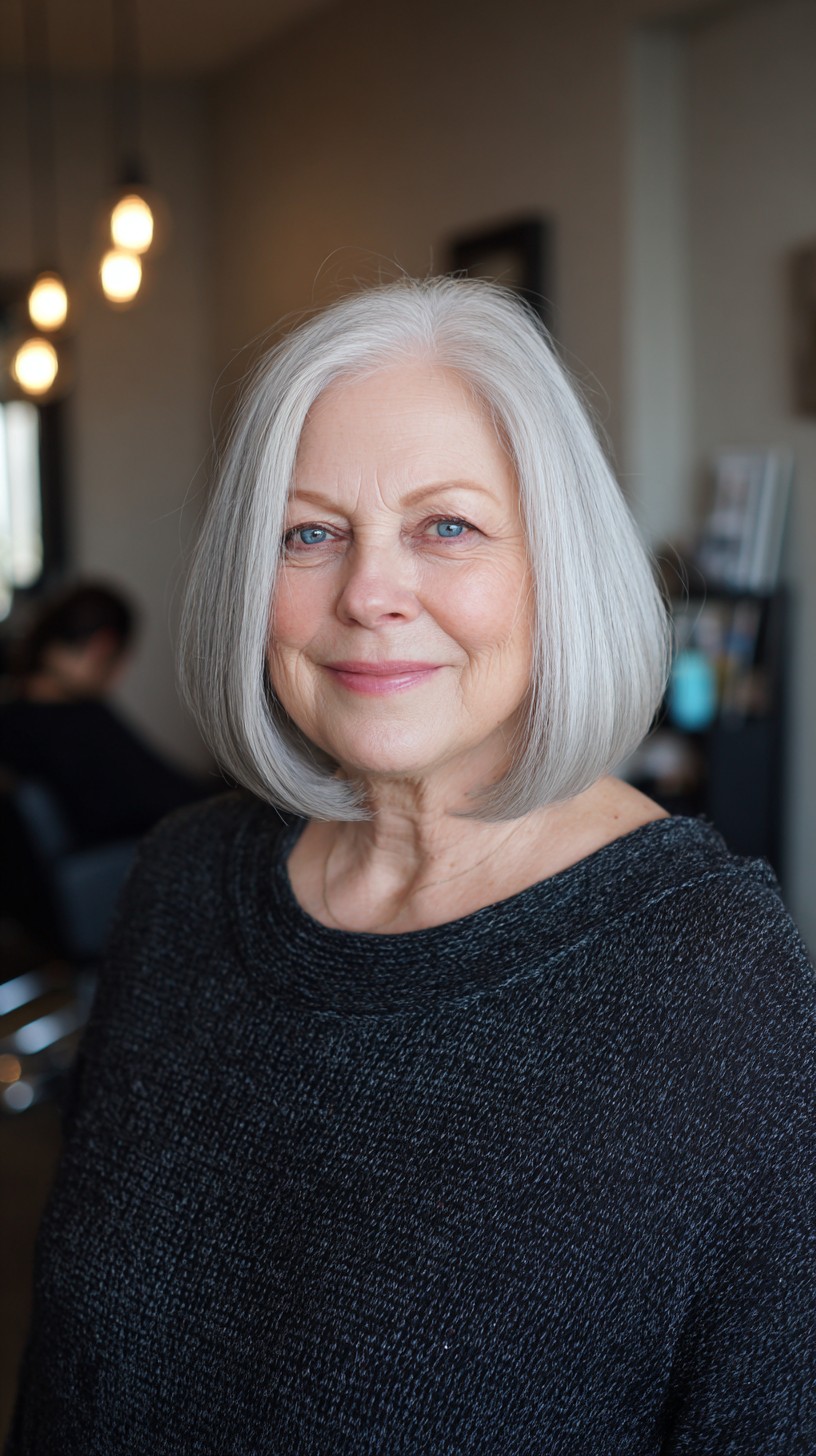 Polished Rounded Chin-Length One-Length Bob with Subtle Interior Bevel