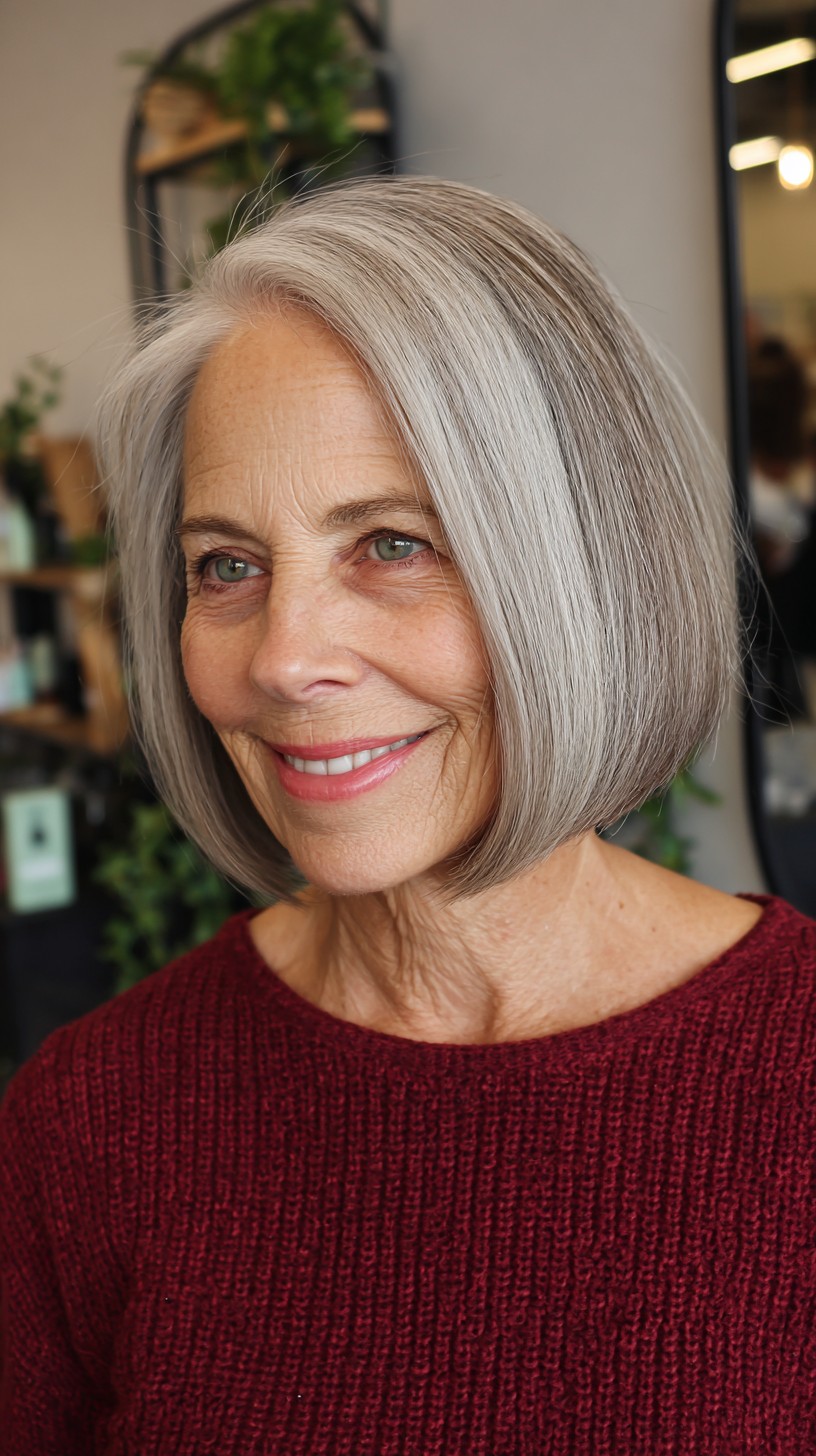 Rounded Jaw-Grazing Silver Bob with Interior Graduation and Soft Side Part