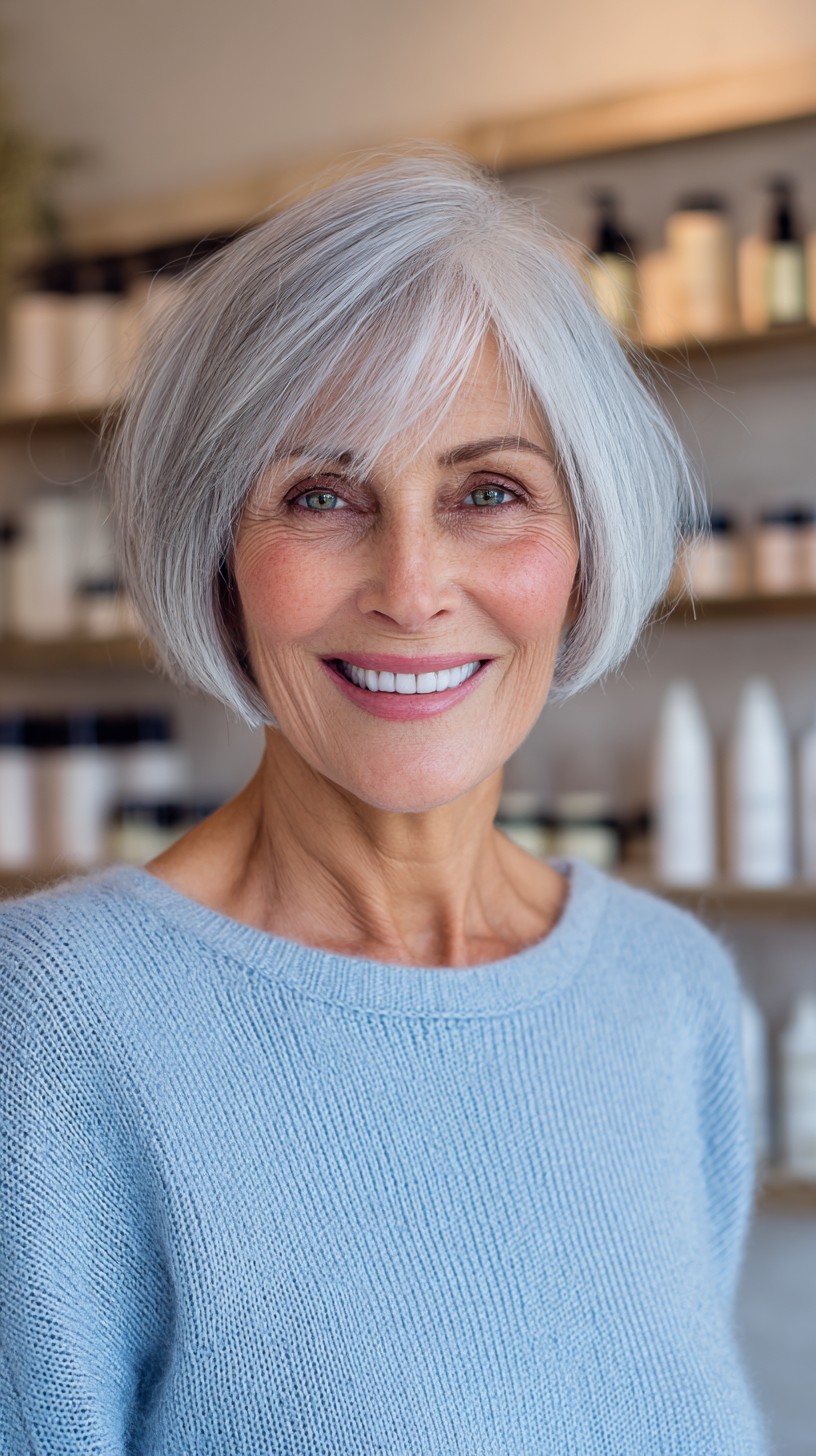 Rounded Silver Jaw-Grazing Bob with Side-Swept Long Fringe
