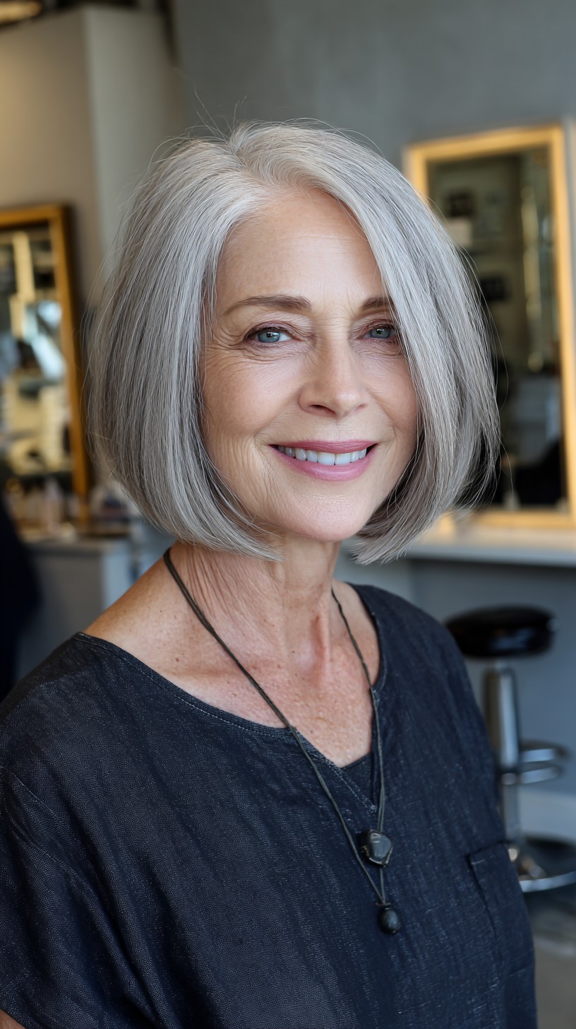 Silver Ash Blunt Chin-Length Bob with Soft Interior Graduation