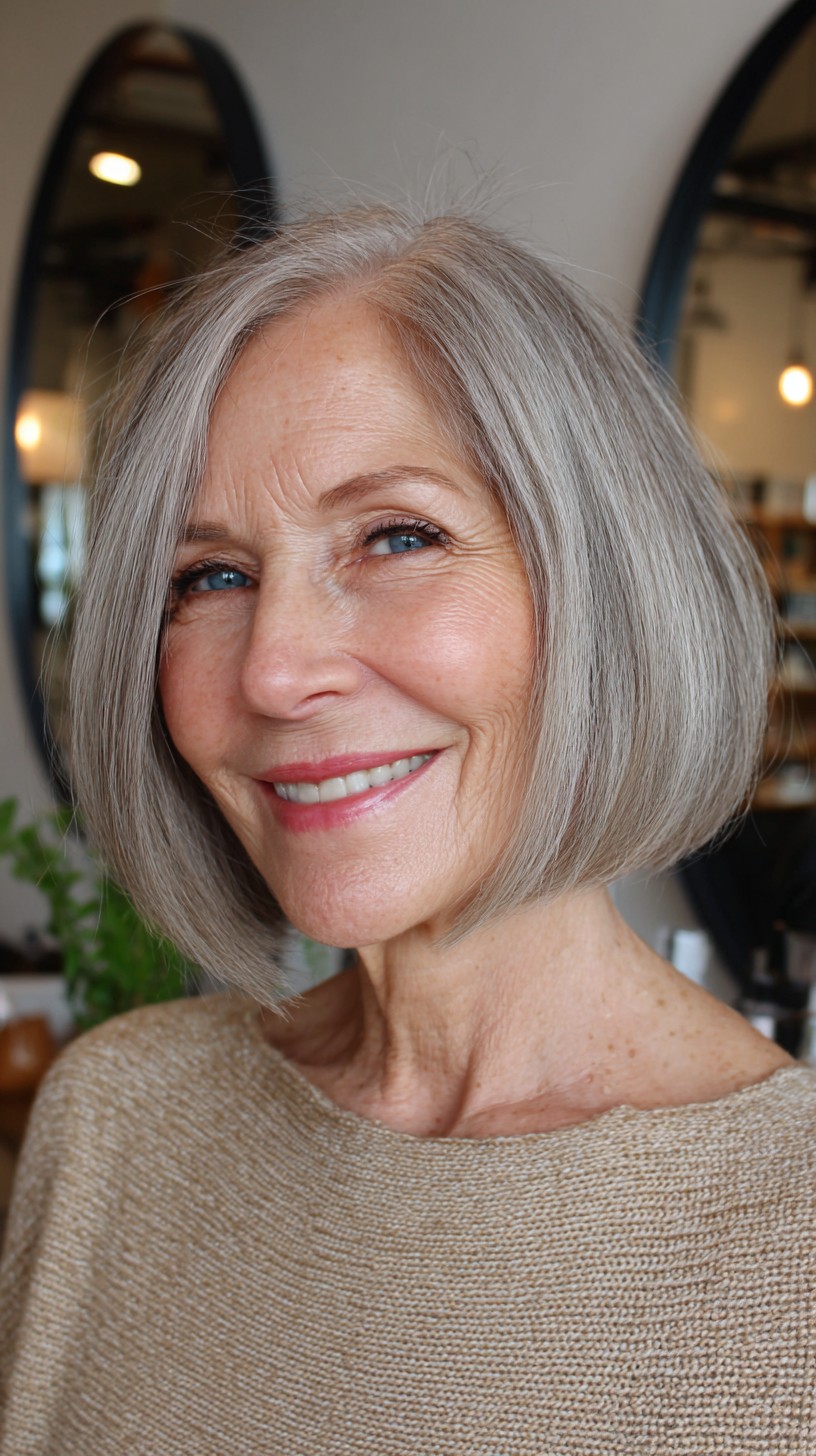 Silver Rounded Chin-Length One-Length Bob with Soft Interior Graduation