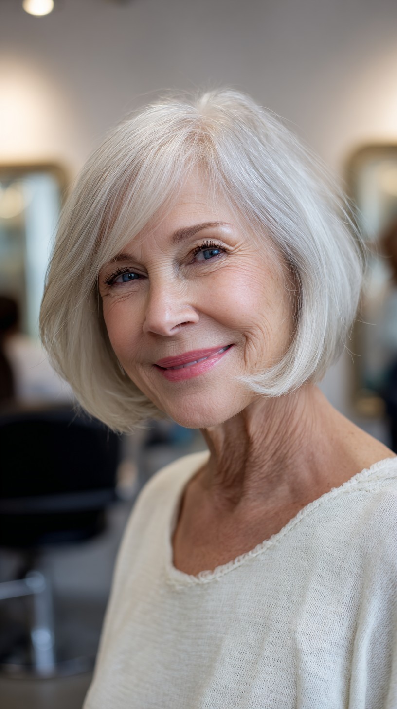 Silvery Chin-Length One-Length Bob with Side-Swept Fringe