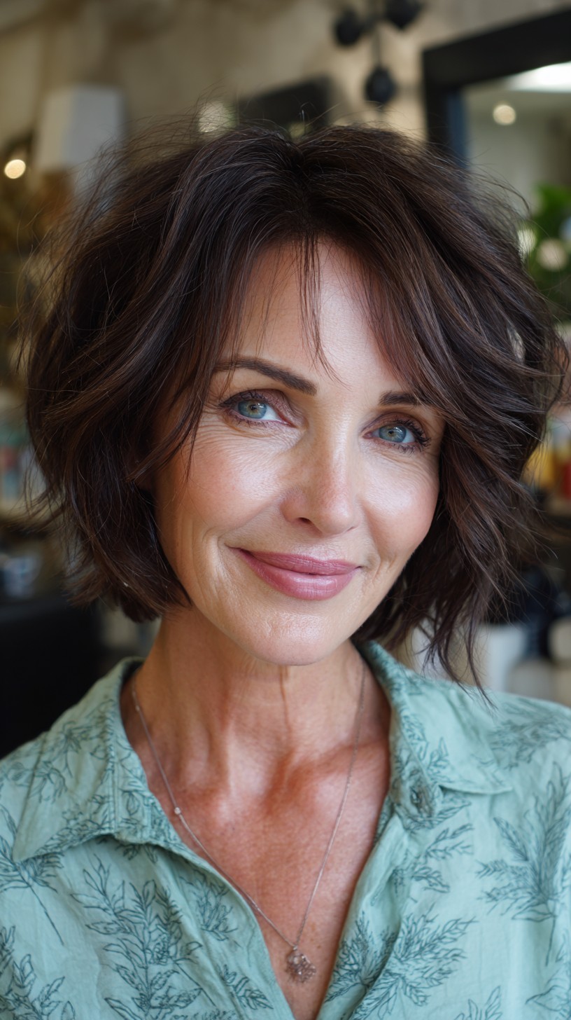 Soft Chocolate Choppy Textured Bob with Wispy Face-Framing Pieces