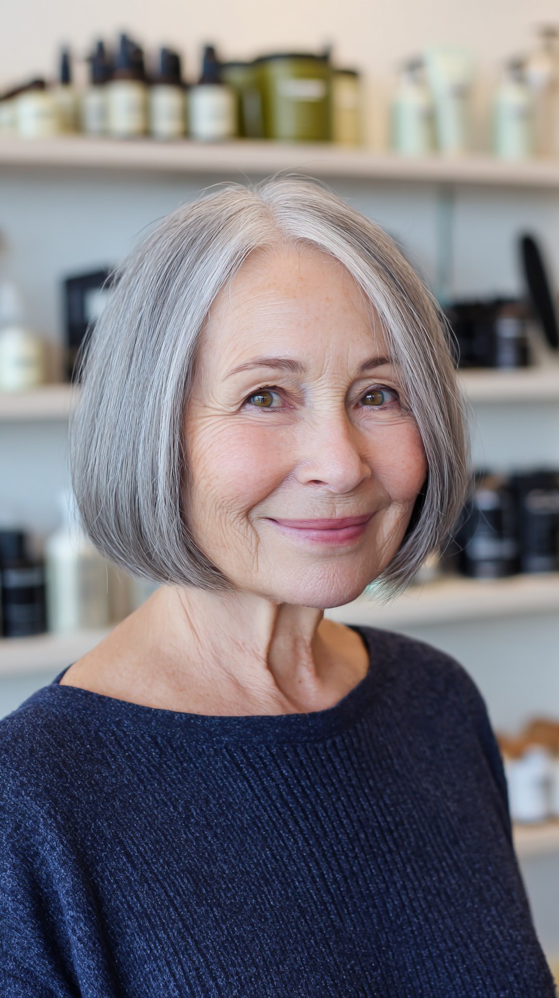 Soft Jaw-Grazing Silver Bob with Center Part and Interior Graduation