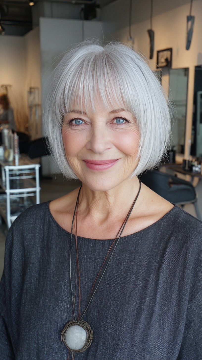 Soft Rounded Jaw-Length Silver Bob with Wispy Micro-Fringe