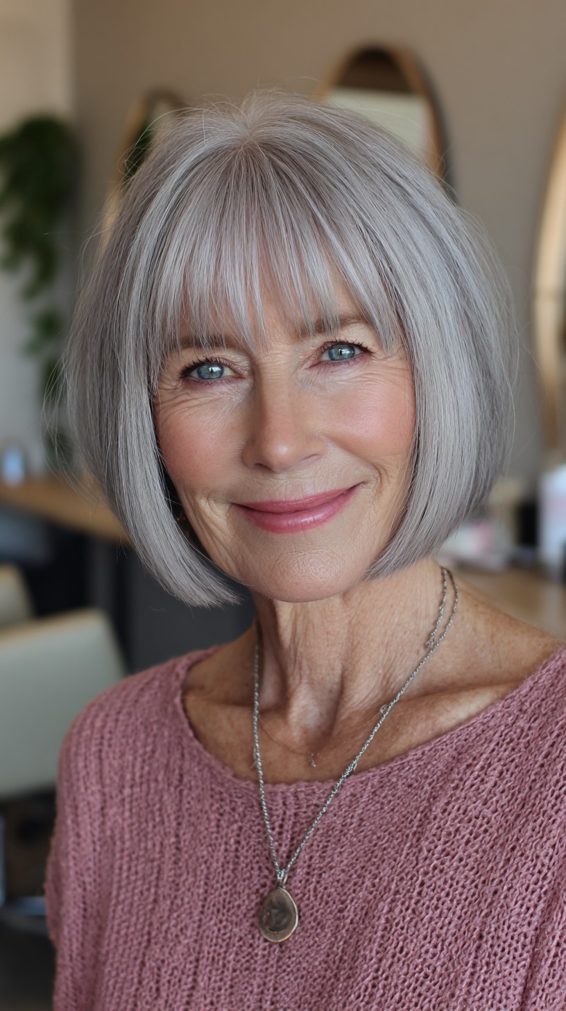 Soft Rounded Jaw-Length Silver Bob with Wispy Blunt Fringe