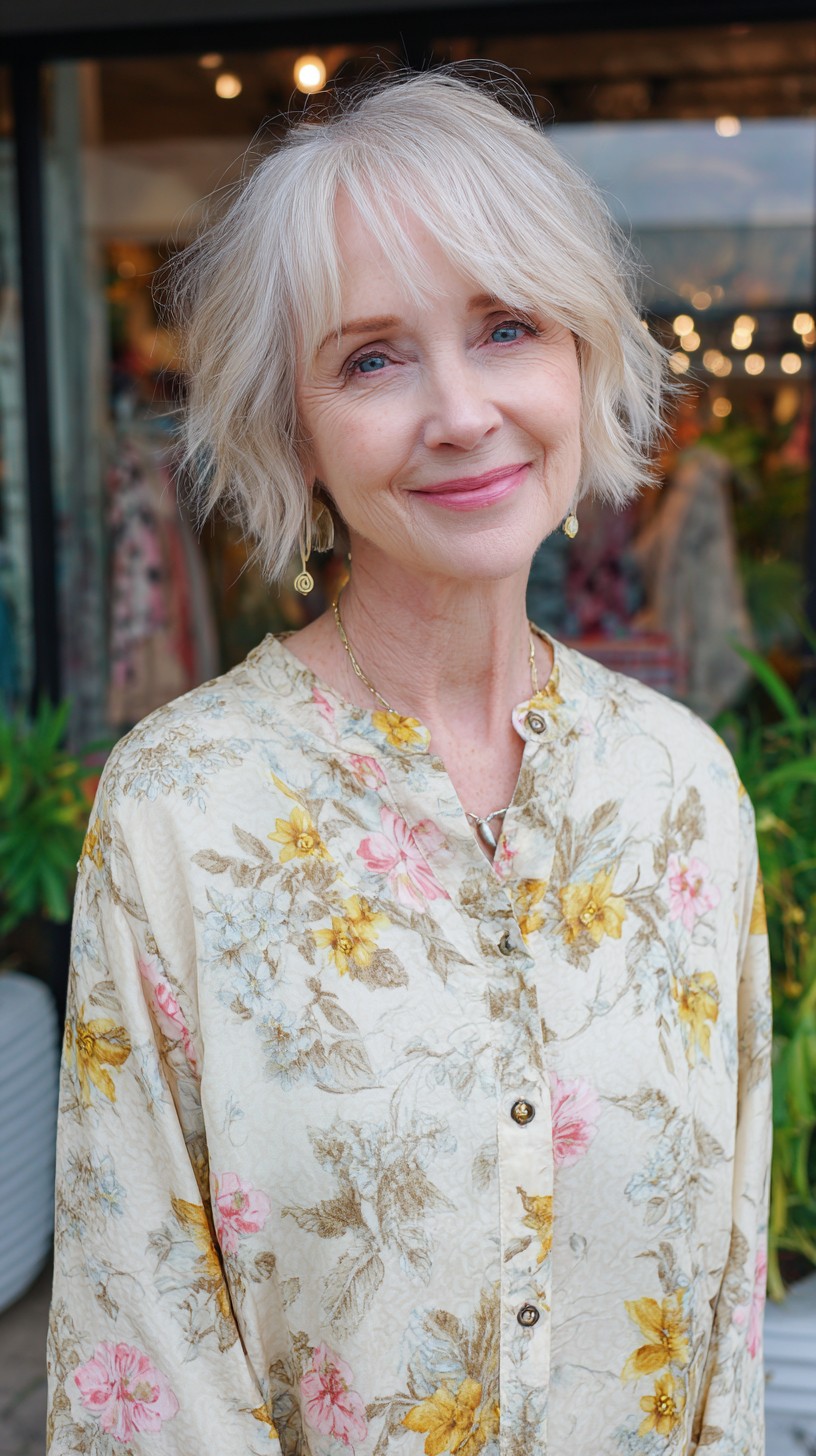 Soft Silver Choppy Jaw-Length Bob with Curtain Bangs