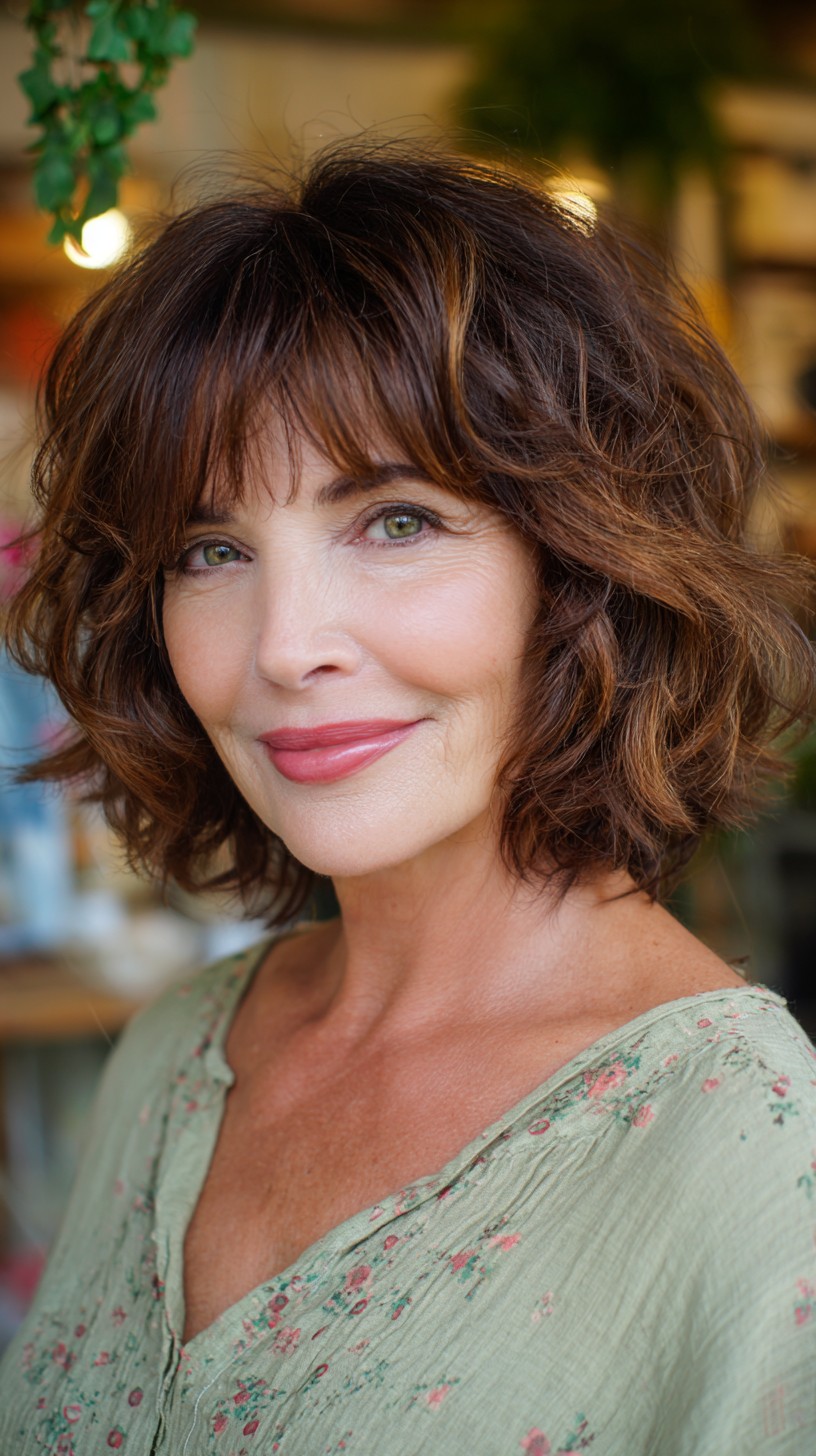 Textured Chestnut Choppy Jaw-Length Bob with Wispy Fringe