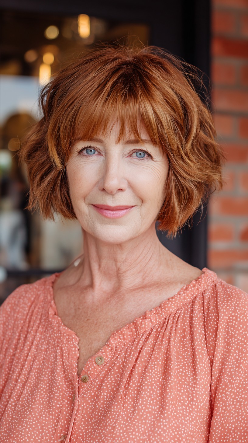 Textured Copper Jaw-Length Choppy Bob with Micro Fringe and Crown Lift