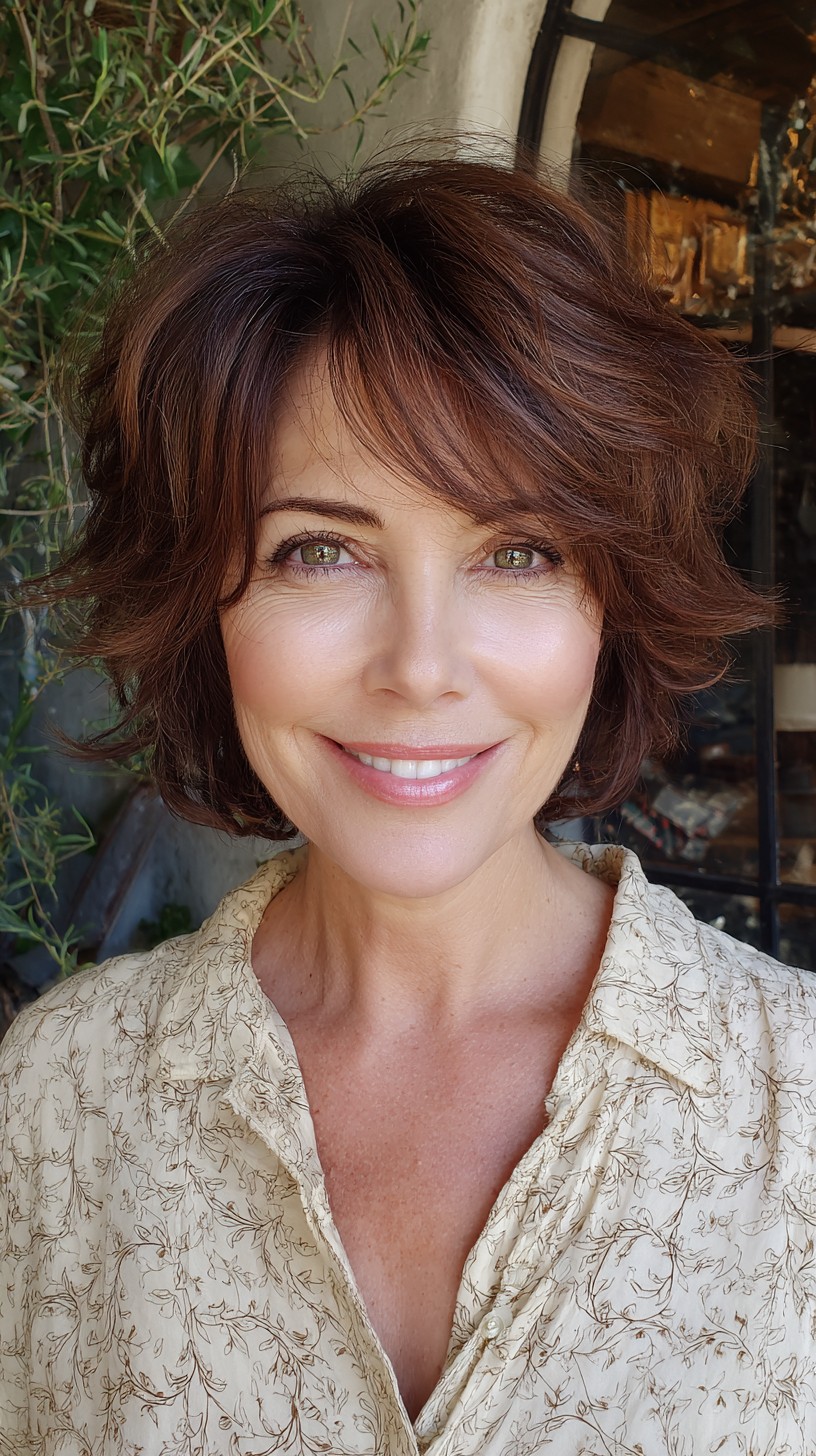 Textured Espresso Choppy Short Bob with Airy Side-Swept Fringe