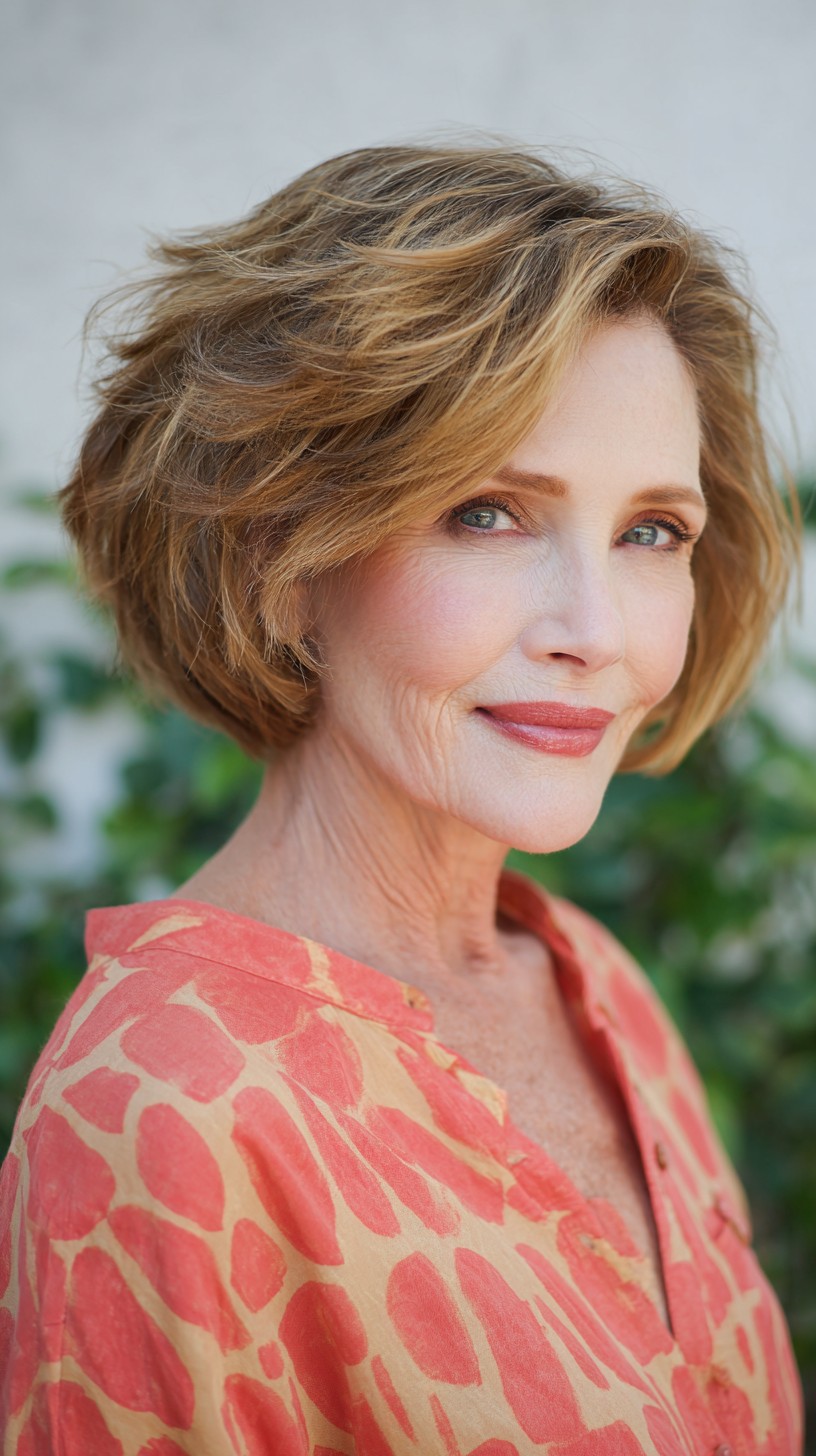 Textured Golden Stacked Chin-Length Bob with Soft Face-Framing Layers