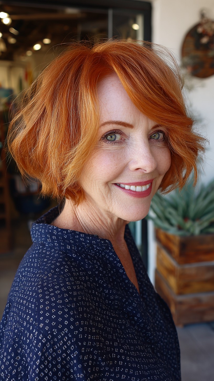 Vibrant Copper Choppy Chin-Length Bob with Side-Swept Panel