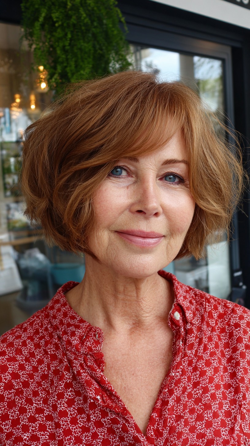 Warm Chestnut Choppy Jaw-Length Bob with Feathered Side Fringe