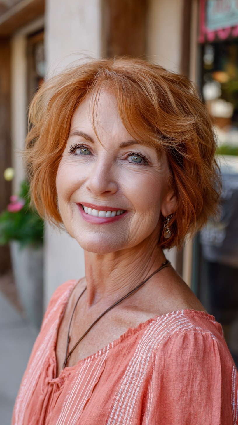 Warm Copper Feathered Chin-Length Bob with Airlifted Crown