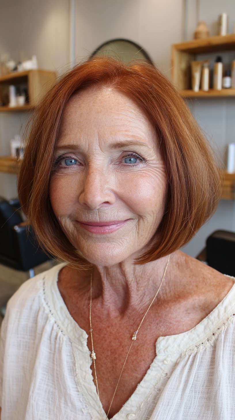 Warm Copper Rounded Chin-Grazing One-Length Bob with Soft Interior Bevel