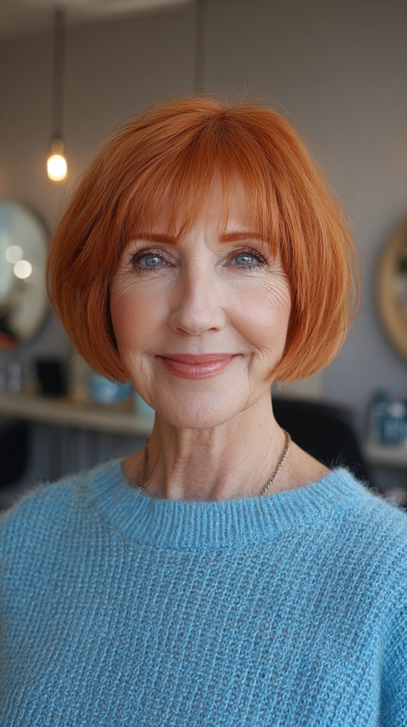 Warm Copper Rounded Jaw-Length Square Bob with Sheer Micro-Bangs