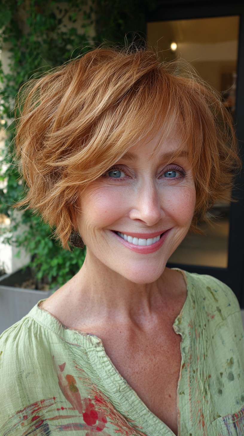 Warm Copper Textured Chin-Length Bob with Volumized Crown