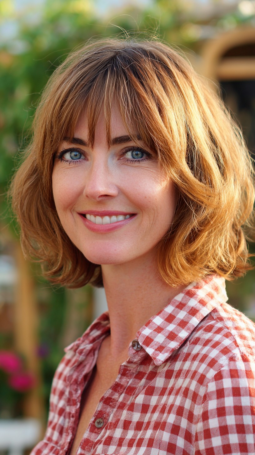 Auburn Chin-Length Bob with Wispy Curtain Fringe