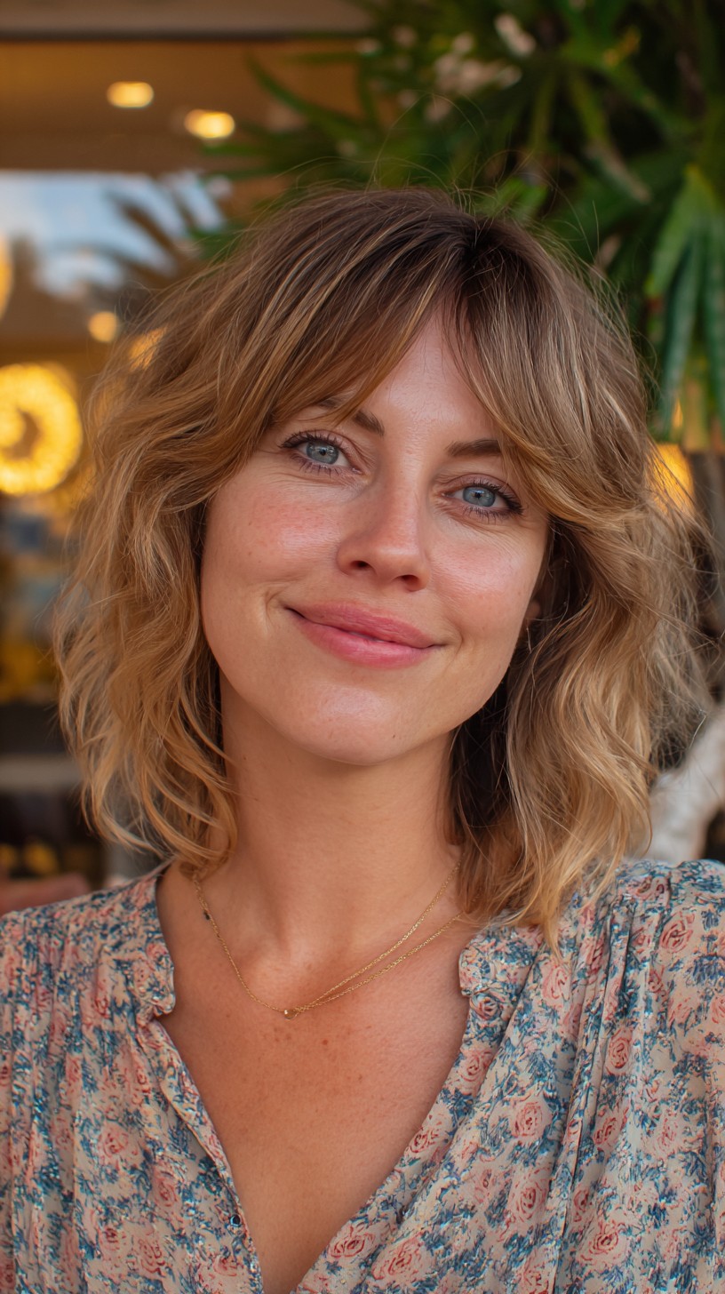 Blended Blonde Shag Lob with Broken Curtain Fringe