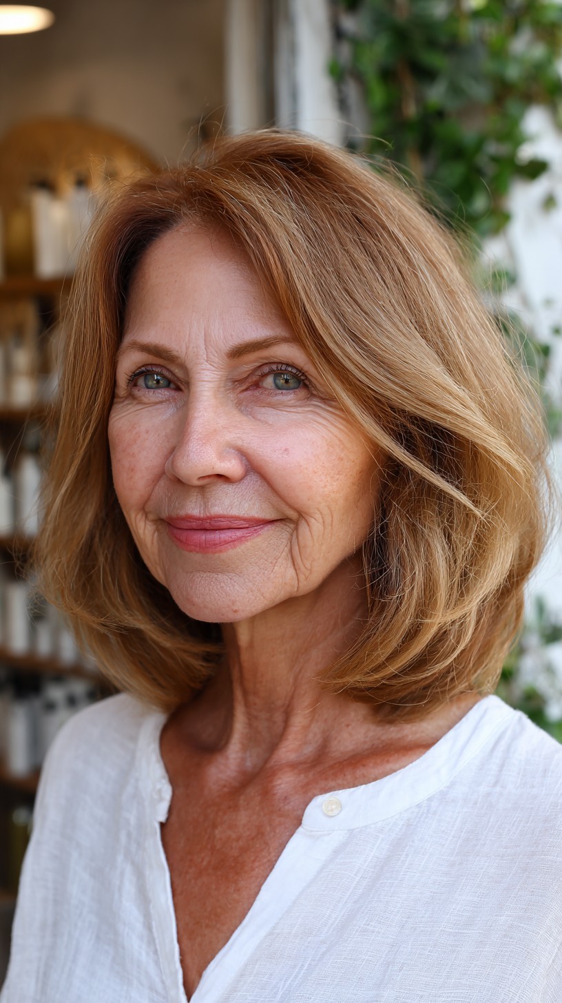Caramel-Rooted Midi Bob with Interior Face-Framing Layers