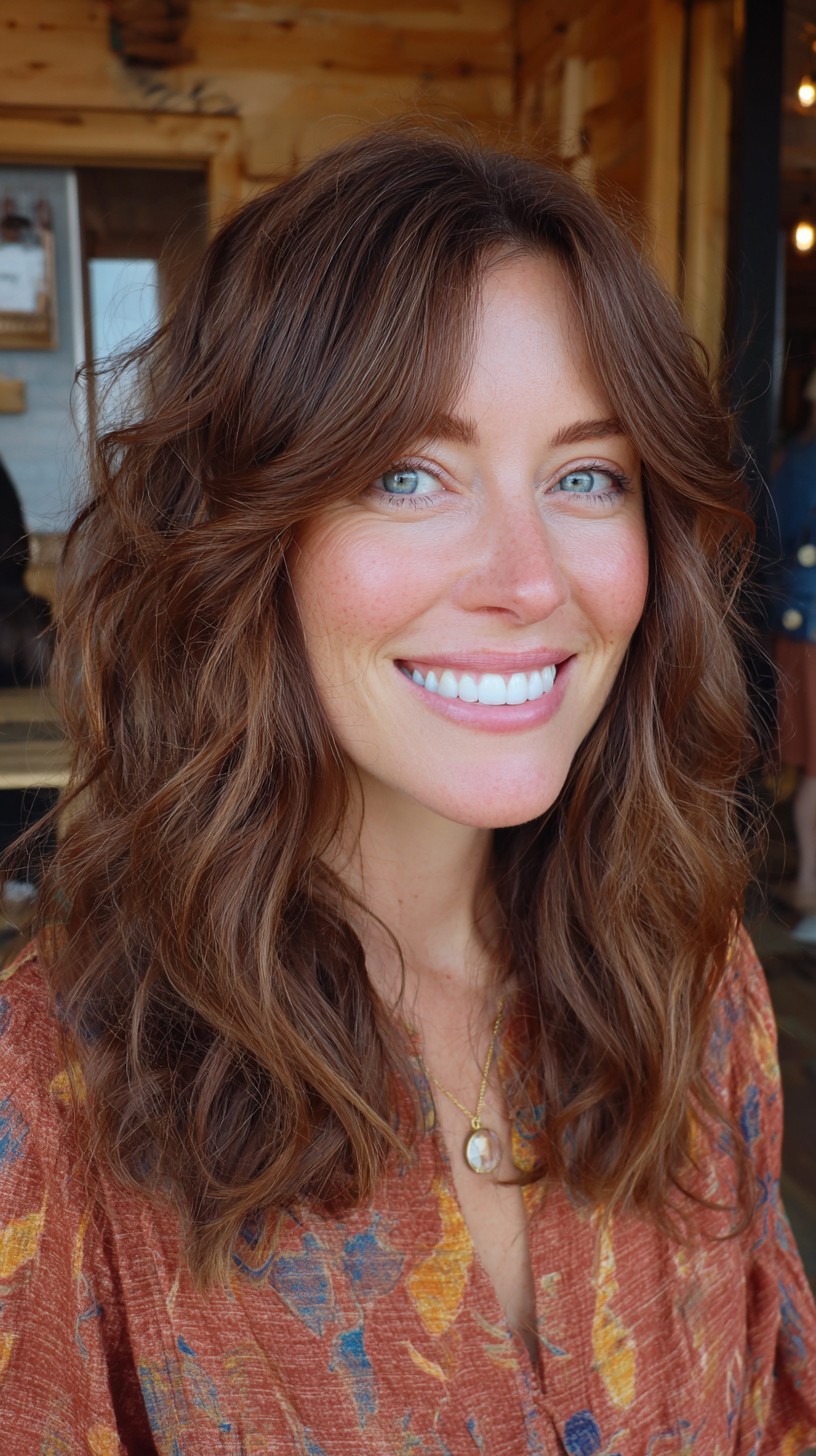 Chestnut Curtain-Framed Shag with Soft Beachy Waves